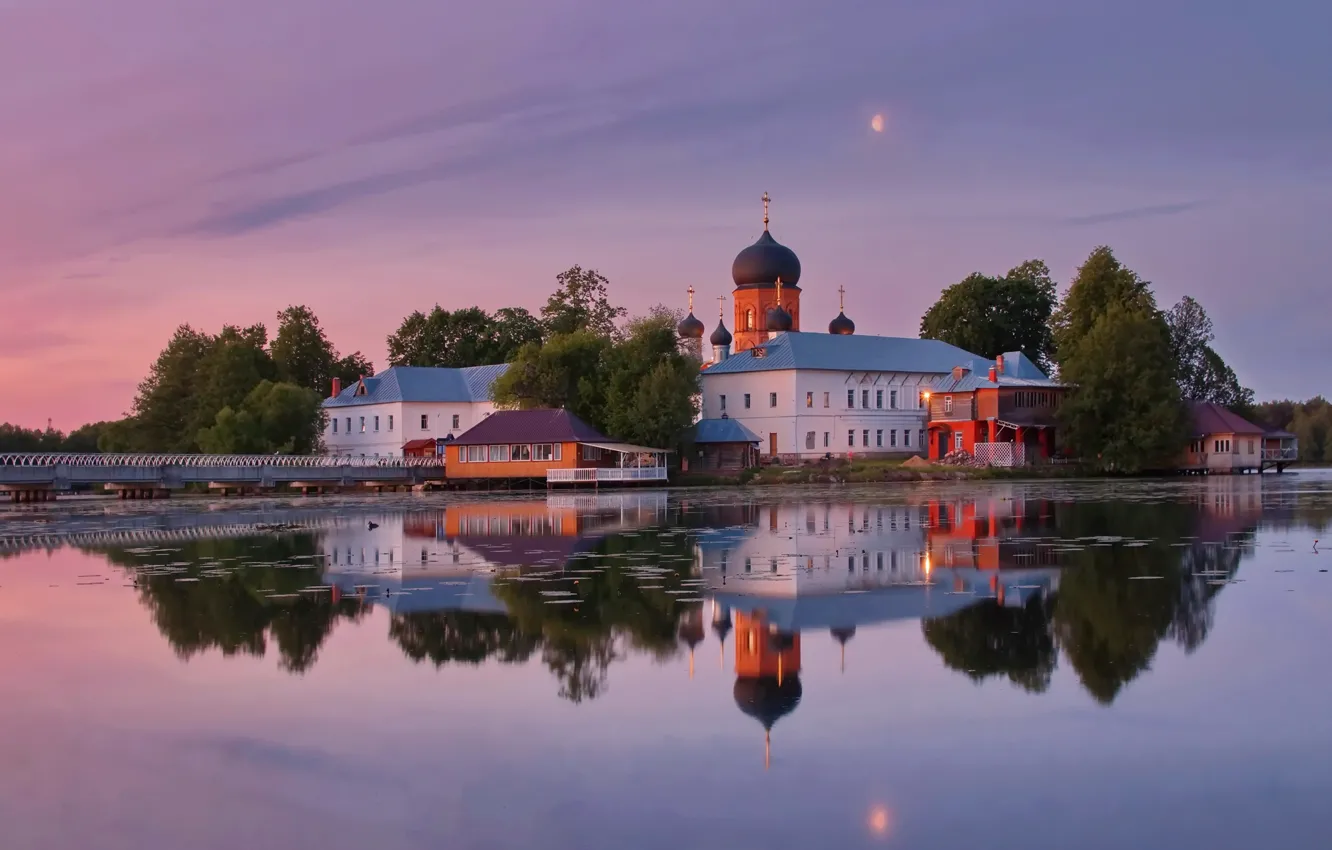 Photo wallpaper landscape, nature, lake, reflection, dawn, the monastery, dome, St. Vvedenskaya Island Desert