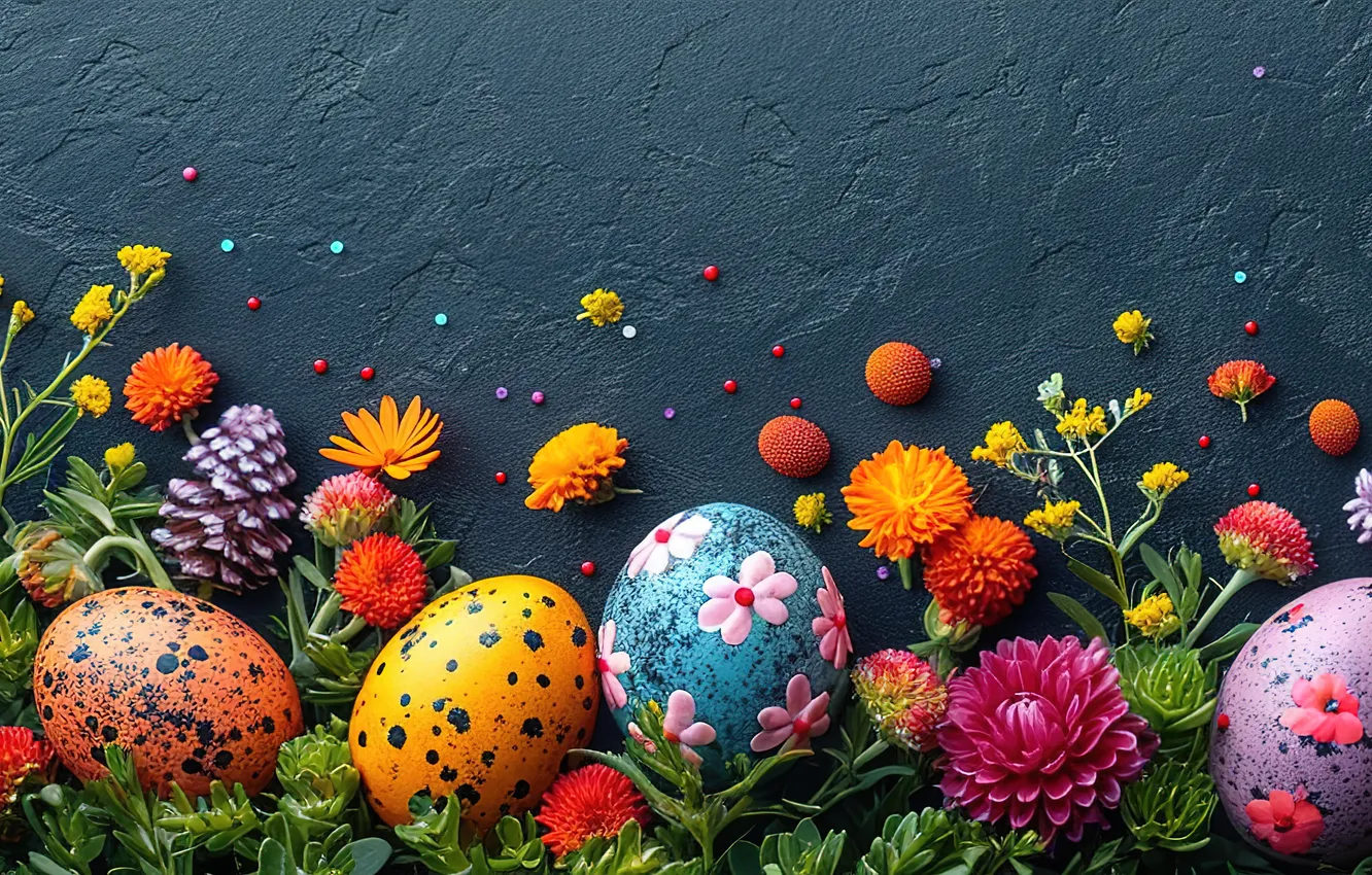 Photo wallpaper flowers, eggs, spring, colorful, Easter, flowers, spring, Easter