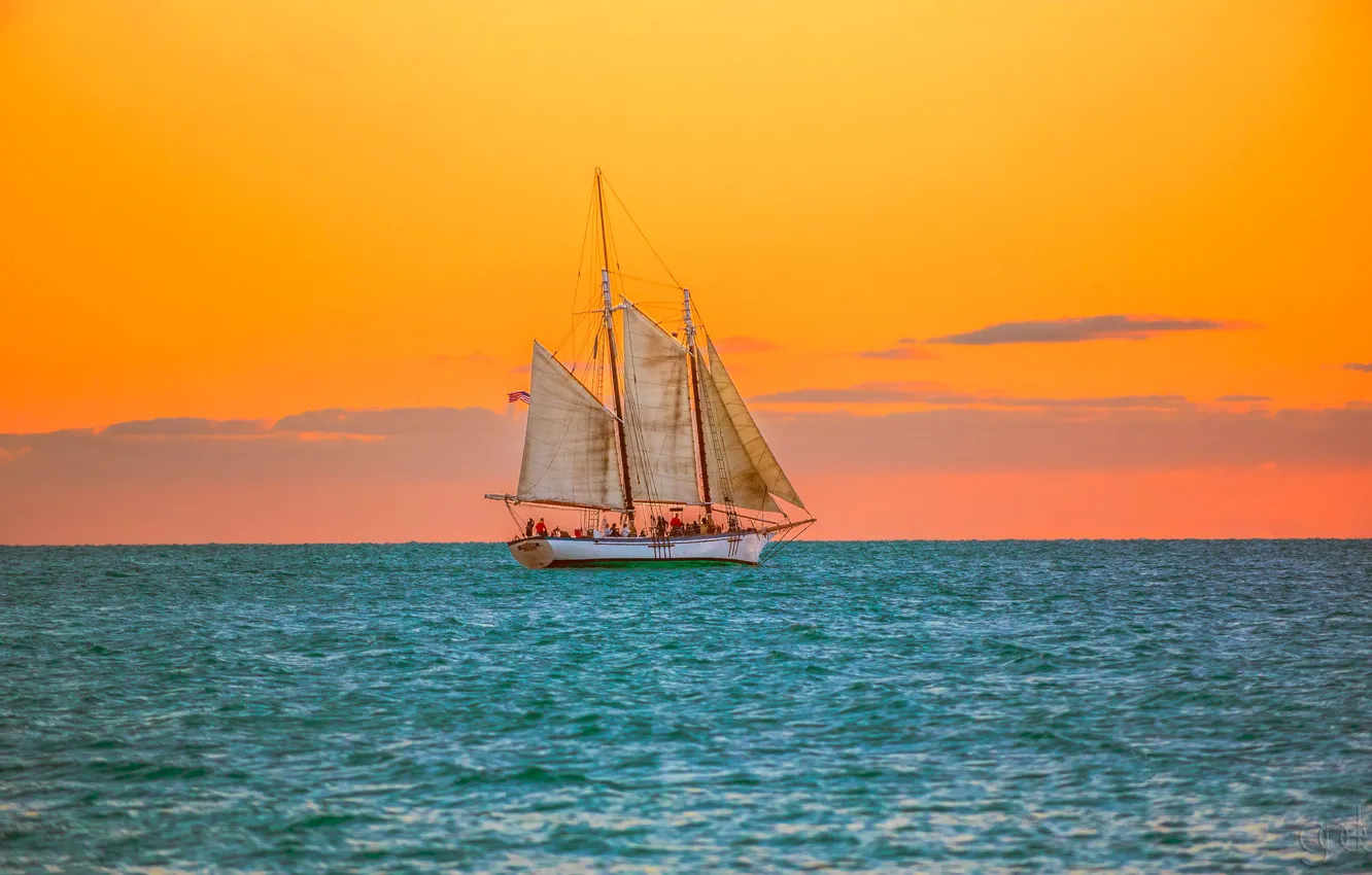 Photo wallpaper sunset, the ocean, sailboat, FL, The Atlantic ocean
