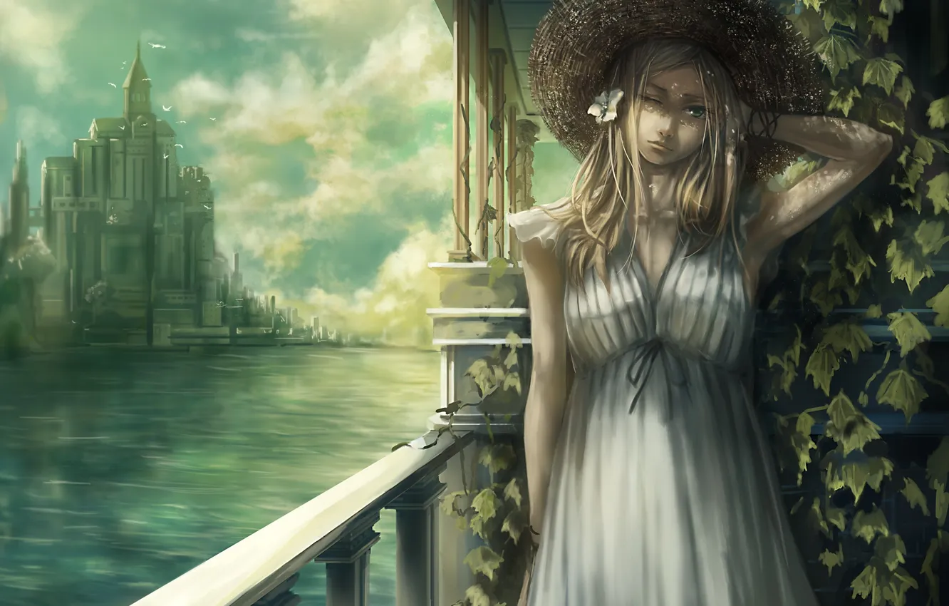 Photo wallpaper water, girl, flowers, the city, river, hat, art, railings