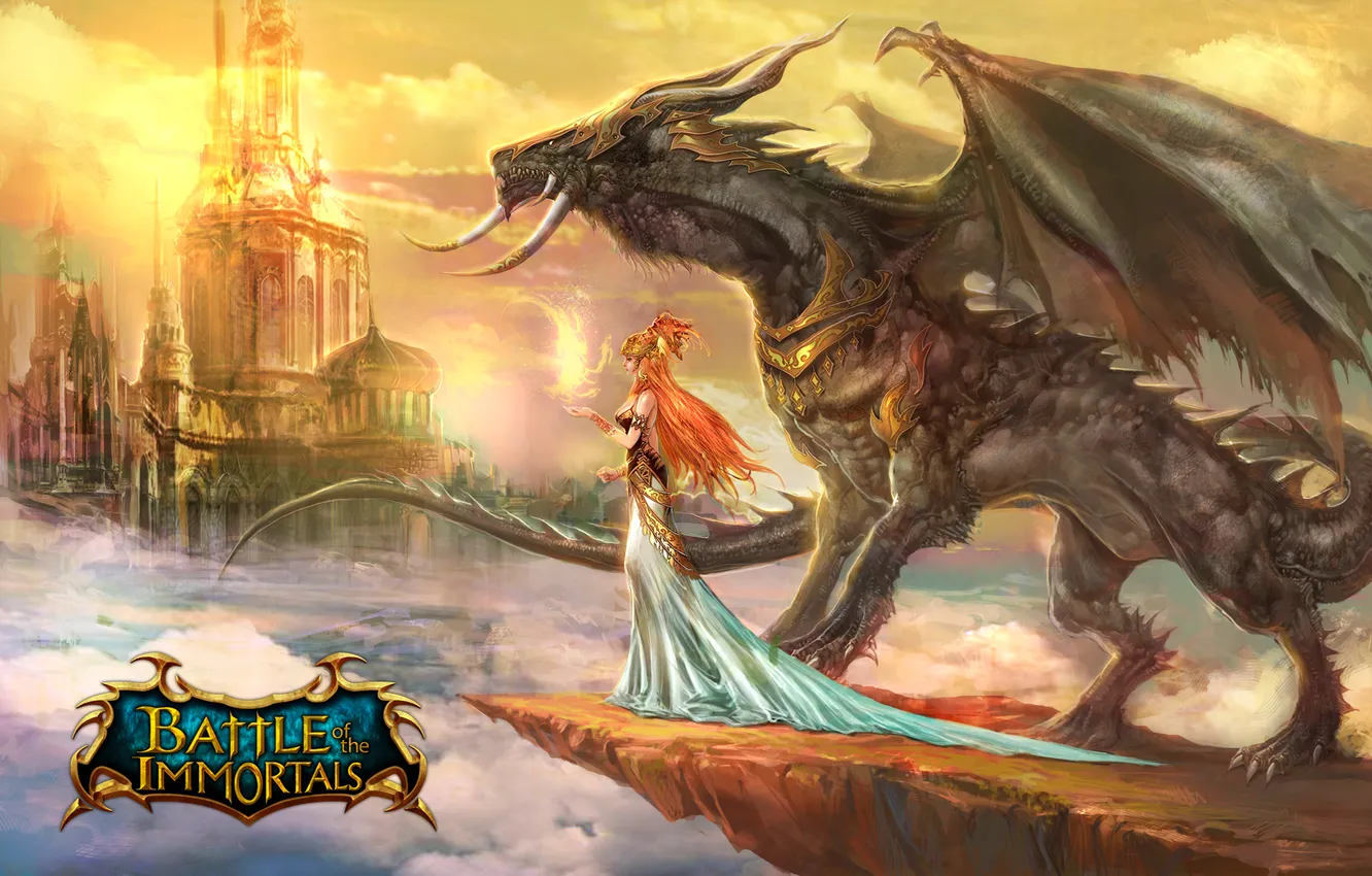 Photo wallpaper city, the city, dragon, elf, fantasy, fantasy, dragon, game wallpapers