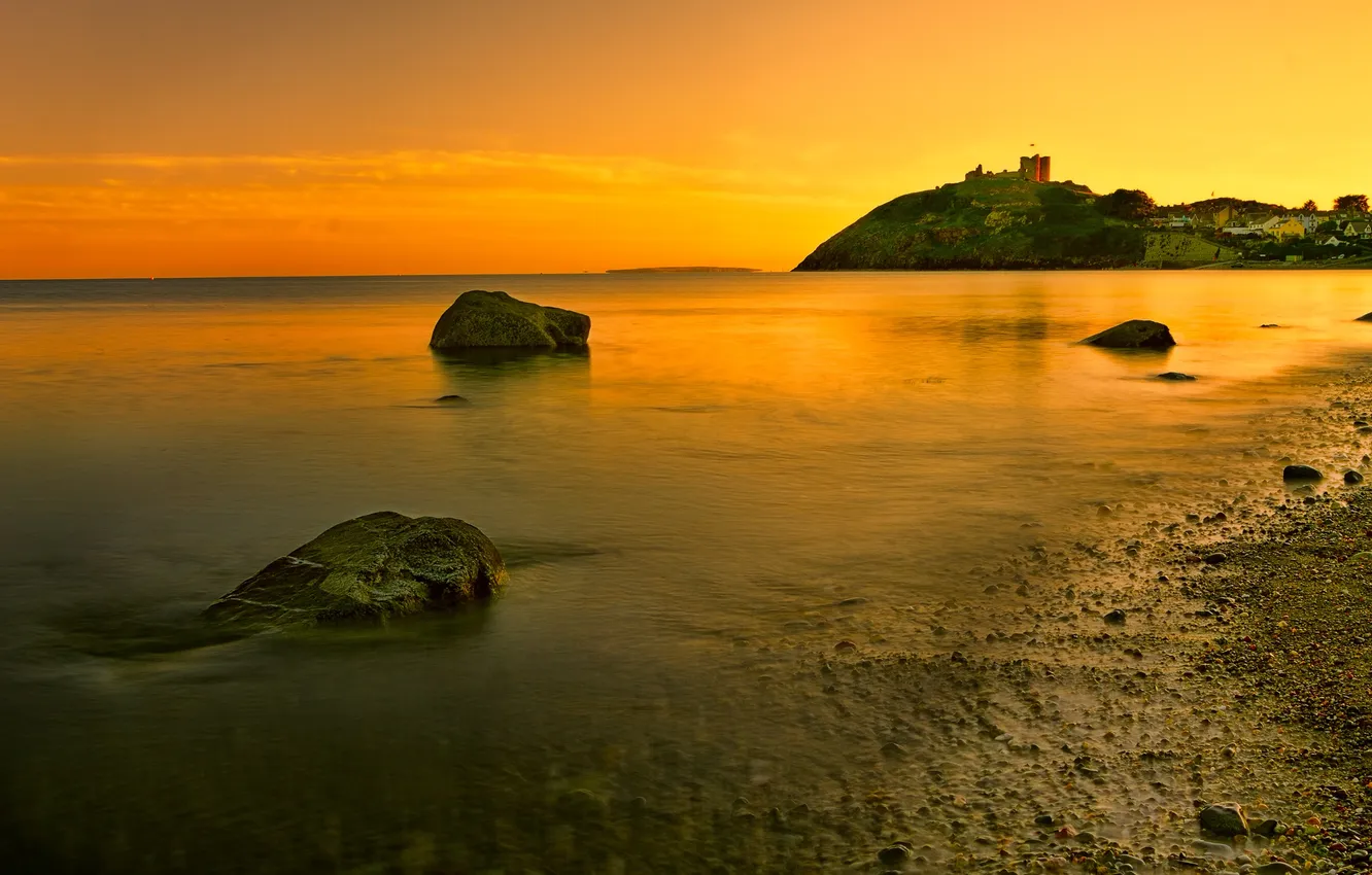 Photo wallpaper sea, the sky, sunset, mountains, castle, shore, Wales