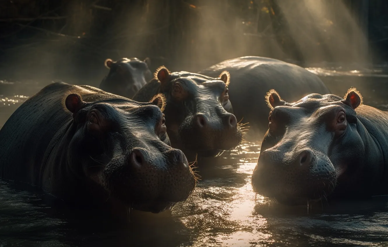 Photo wallpaper water, Hippo, digital art, AI art, The Art of Artificial Intelligence, neural network