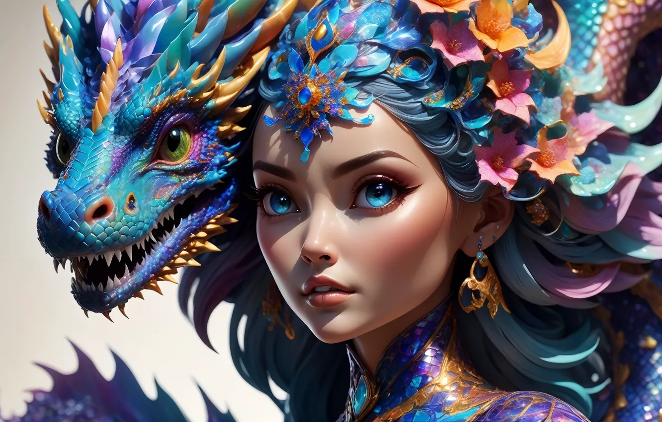 Photo wallpaper colorful, blue eyes, face, dragon, digital art, CGI, closeup, earring