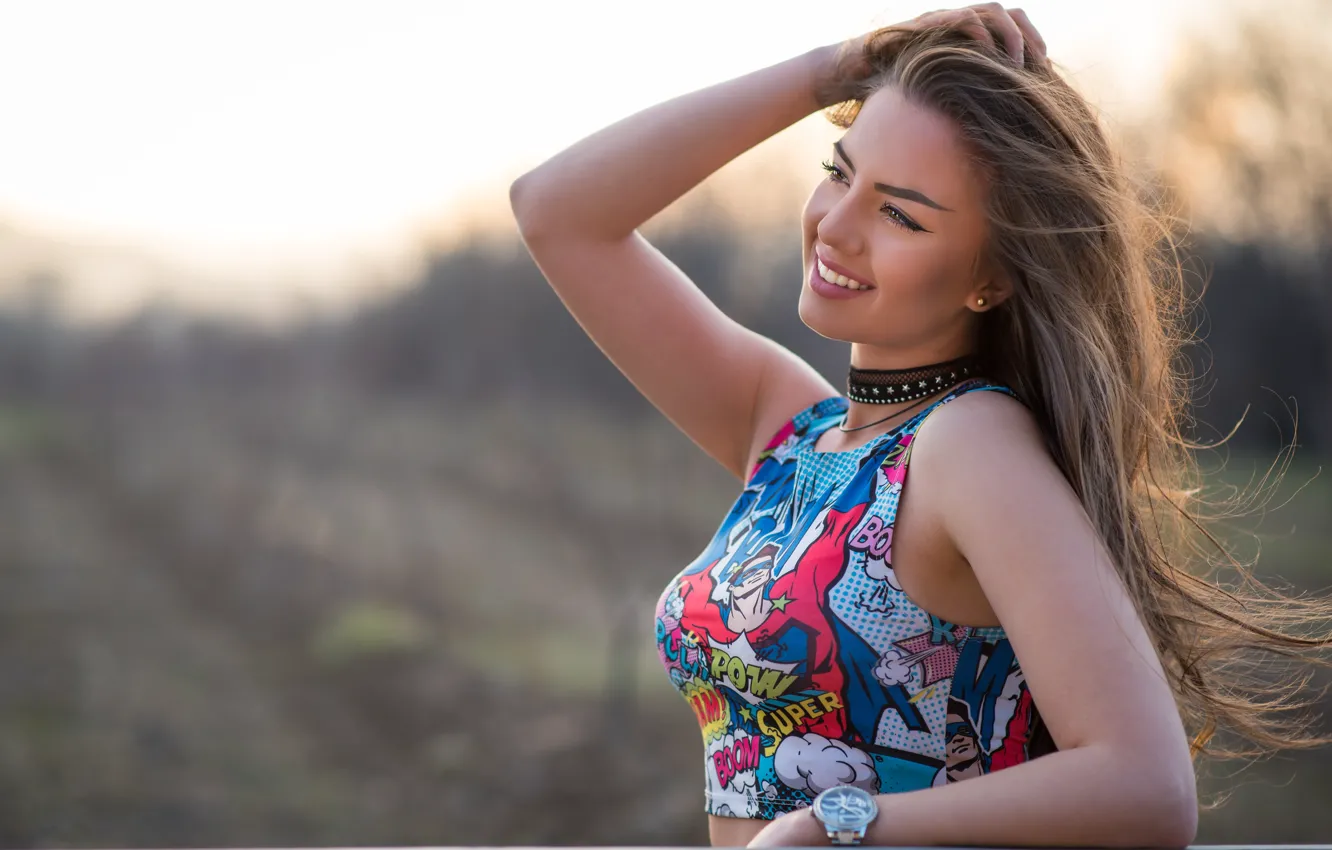 Photo wallpaper girl, smile, hair, bokeh