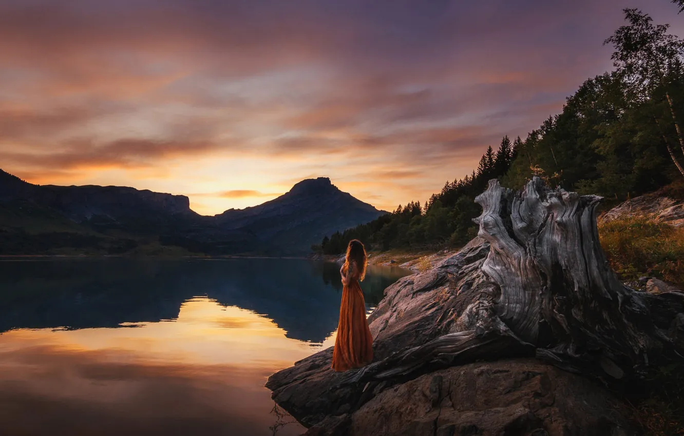 Photo wallpaper forest, the sky, girl, clouds, light, trees, sunset, mountains