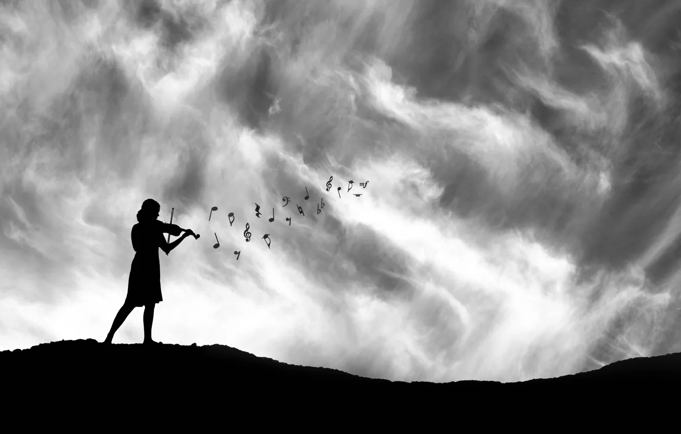 Photo wallpaper girl, notes, violin, silhouette