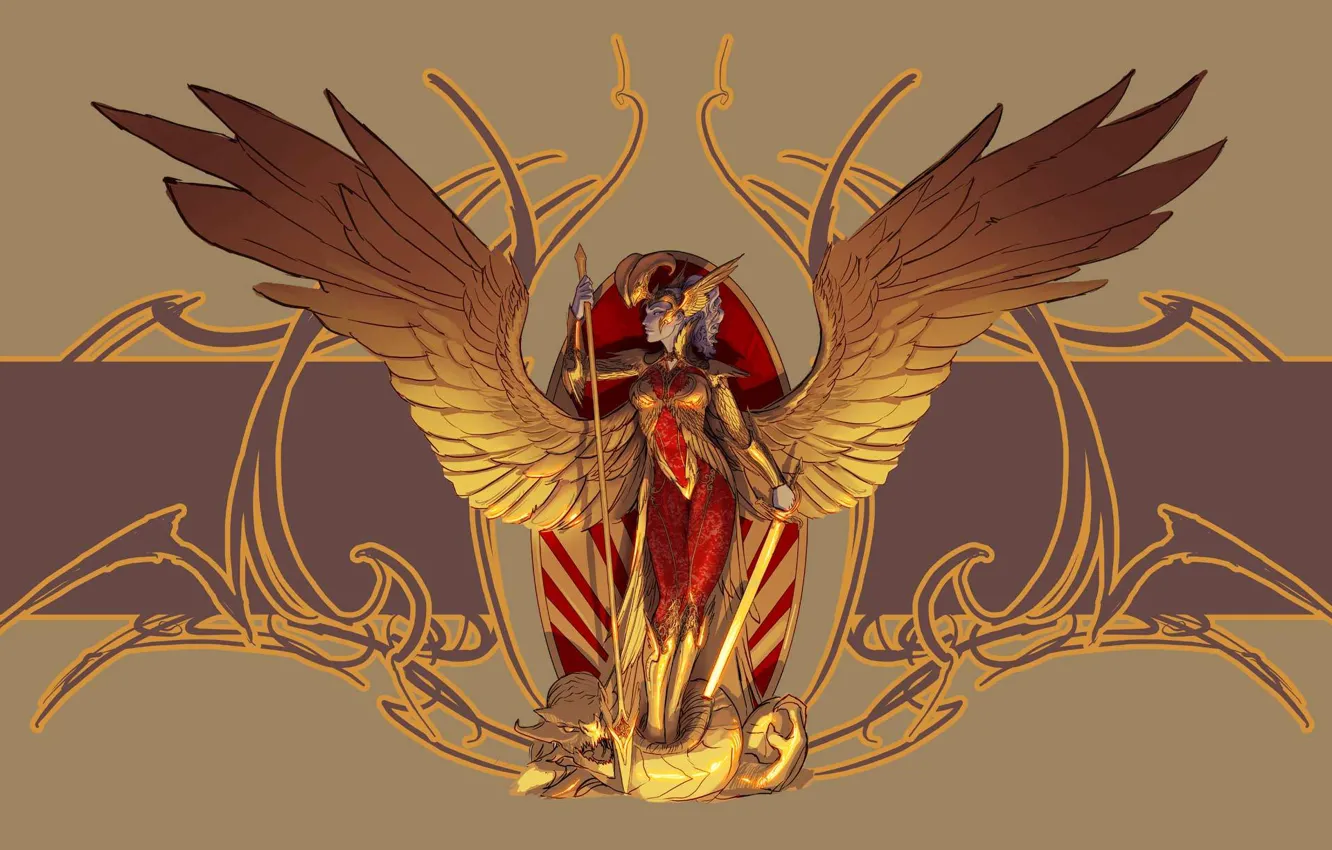 Photo wallpaper look, weapons, fiction, wings, angel, armor, art, profile