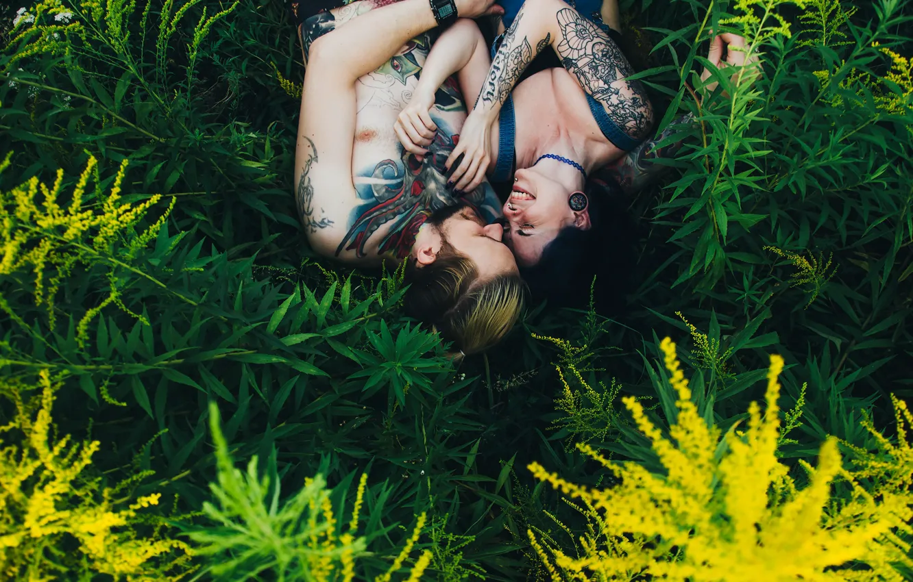 Photo wallpaper greens, love, mood, laughter, tattoo, pair, love, tattoo