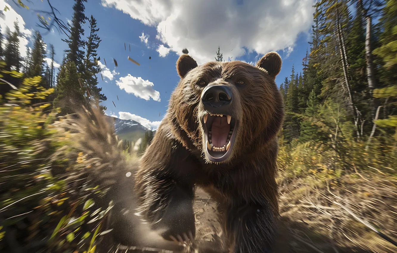 Photo wallpaper look, face, trees, predator, bear, fangs, grin, brown bear
