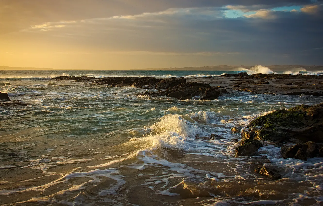 Photo wallpaper sea, wave, the sky, foam, clouds, clouds, stones, shore