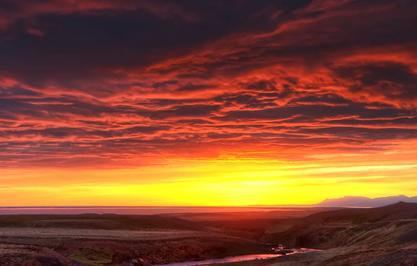 Photo wallpaper the sky, clouds, sunset, mountains, river, HDR