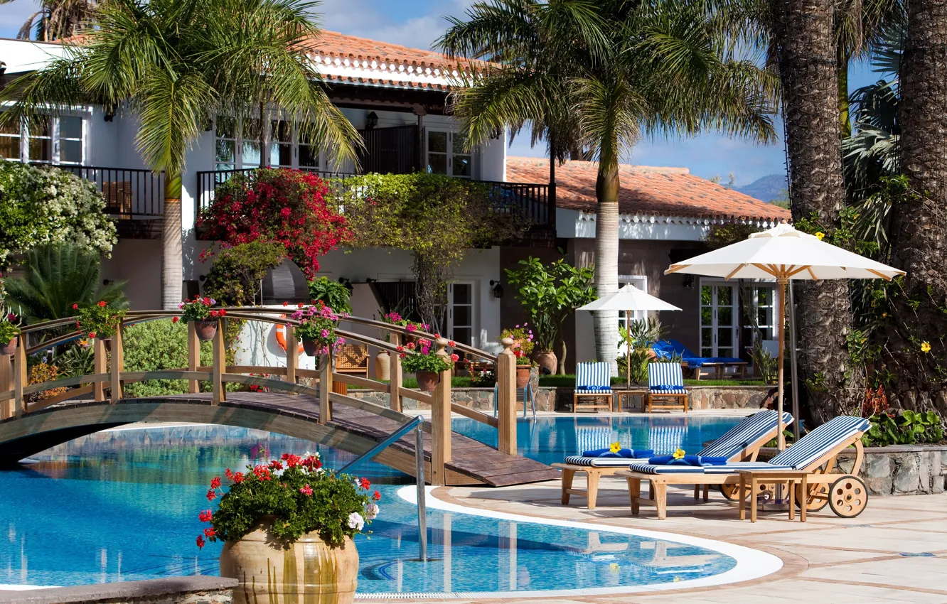 Photo wallpaper flowers, palm trees, Villa, pool, architecture, terrace