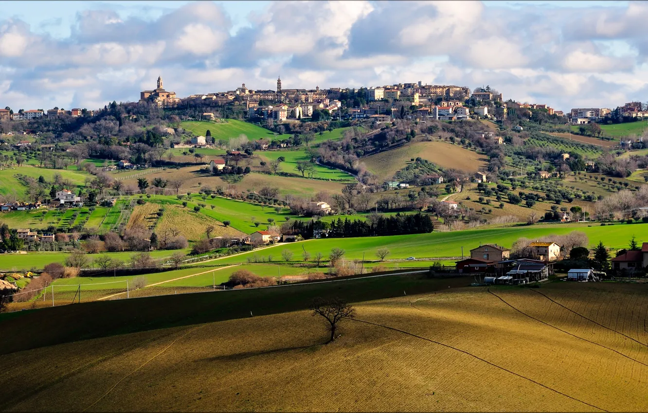 Photo wallpaper field, the sky, grass, clouds, trees, the city, hills, home