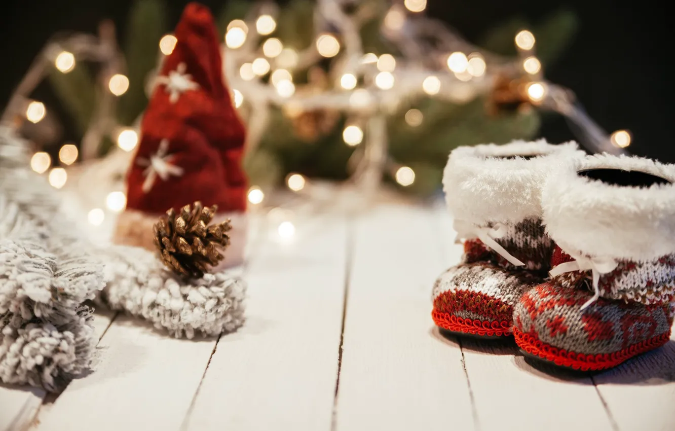 Photo wallpaper holiday, Board, new year, Christmas, boots, light bulb, bumps, cap