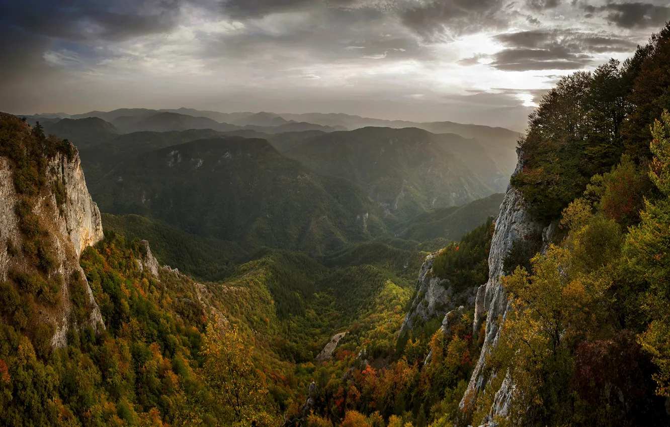 Photo wallpaper autumn, landscape, mountains, clouds, nature, fog, forest