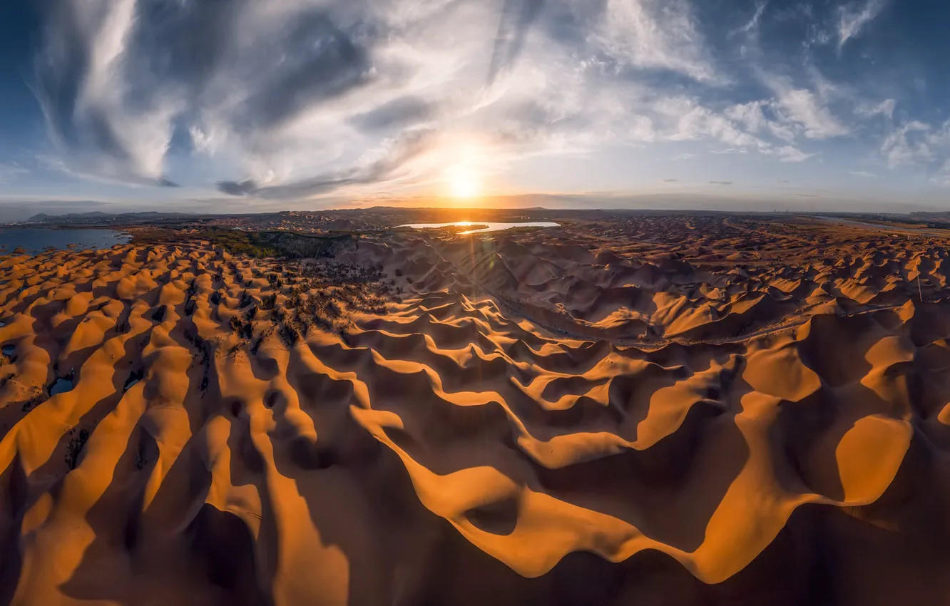 Photo wallpaper sand, the sun, clouds, sunset, desert, dunes, relief