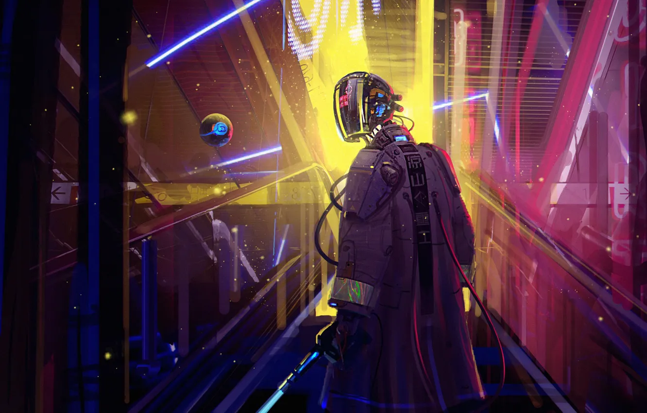 Photo wallpaper balls, arrows, robot, escalator, illumination
