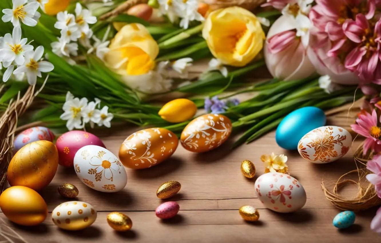 Photo wallpaper flowers, eggs, spring, colorful, Easter, flowers, spring, Easter