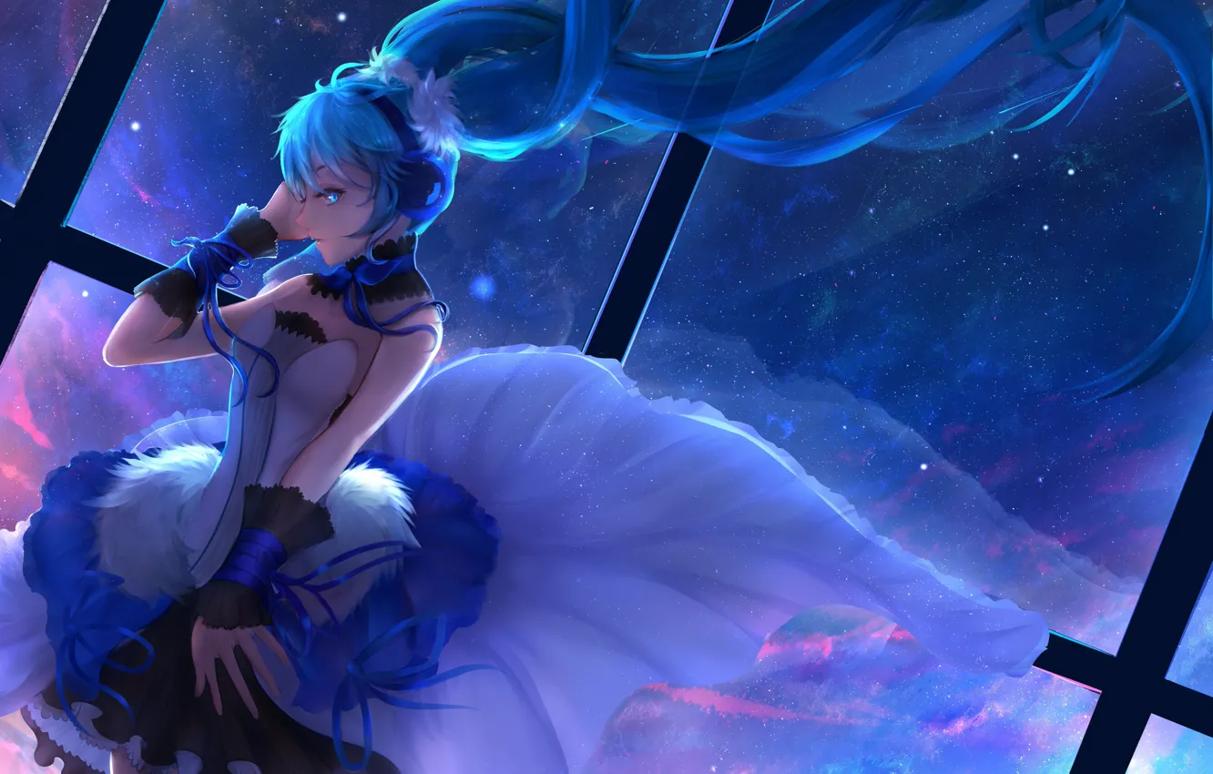 Photo wallpaper the sky, girl, stars, anime, headphones, art, vocaloid, hatsune miku