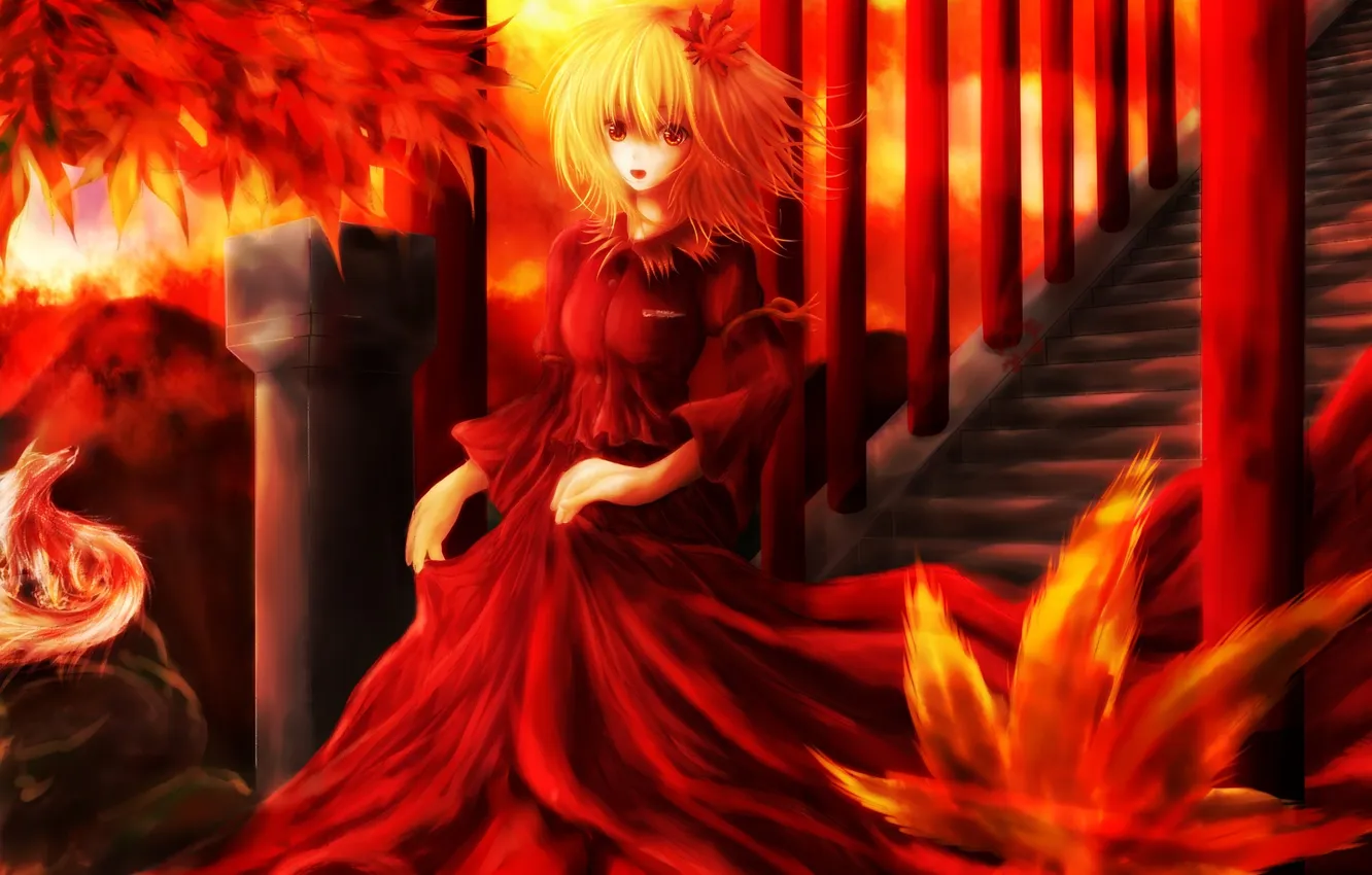 Photo wallpaper autumn, leaves, girl, art, ladder, steps, touhou, shizuka flux
