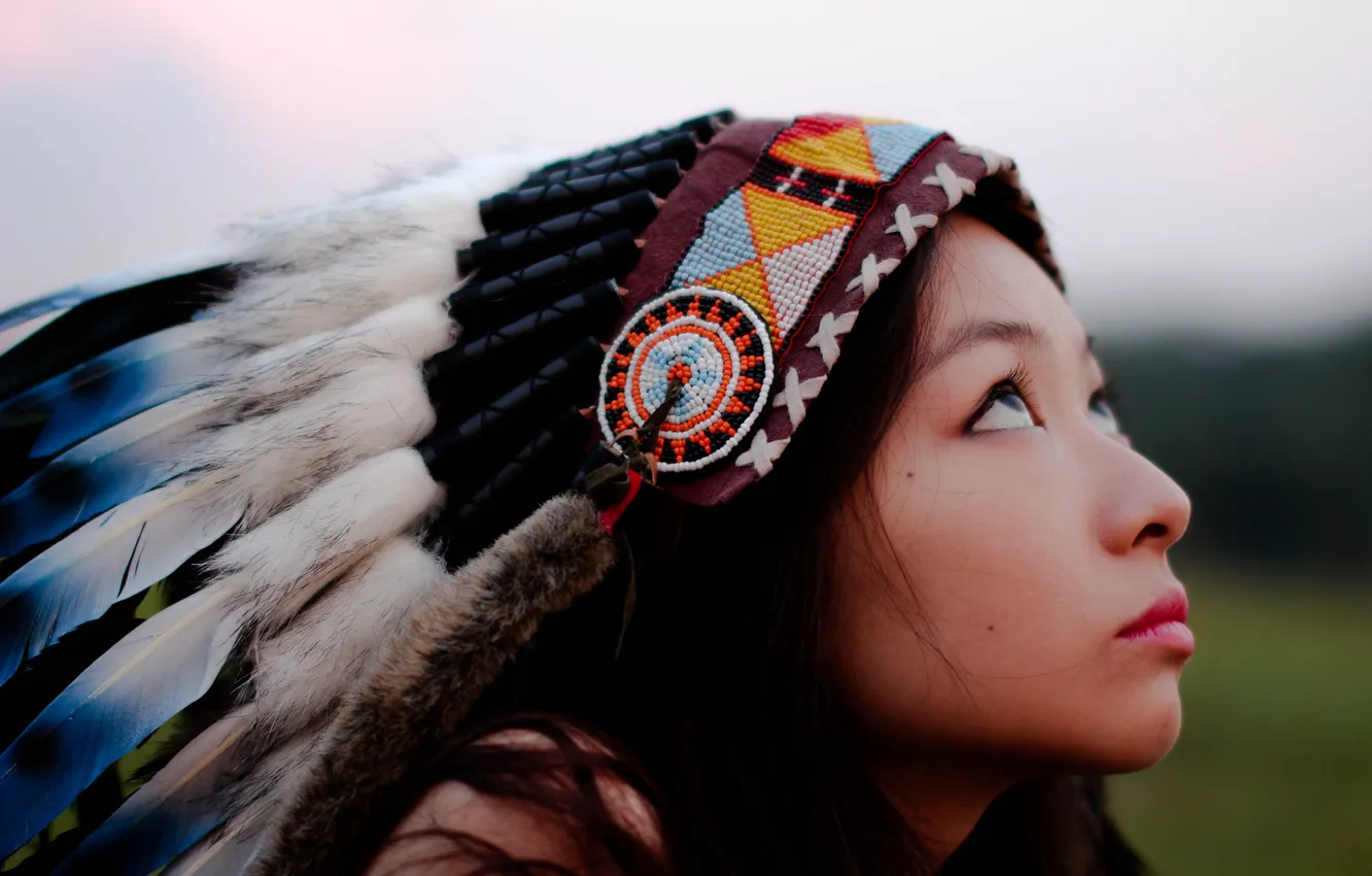 Photo wallpaper girl, feathers, Asian, headdress