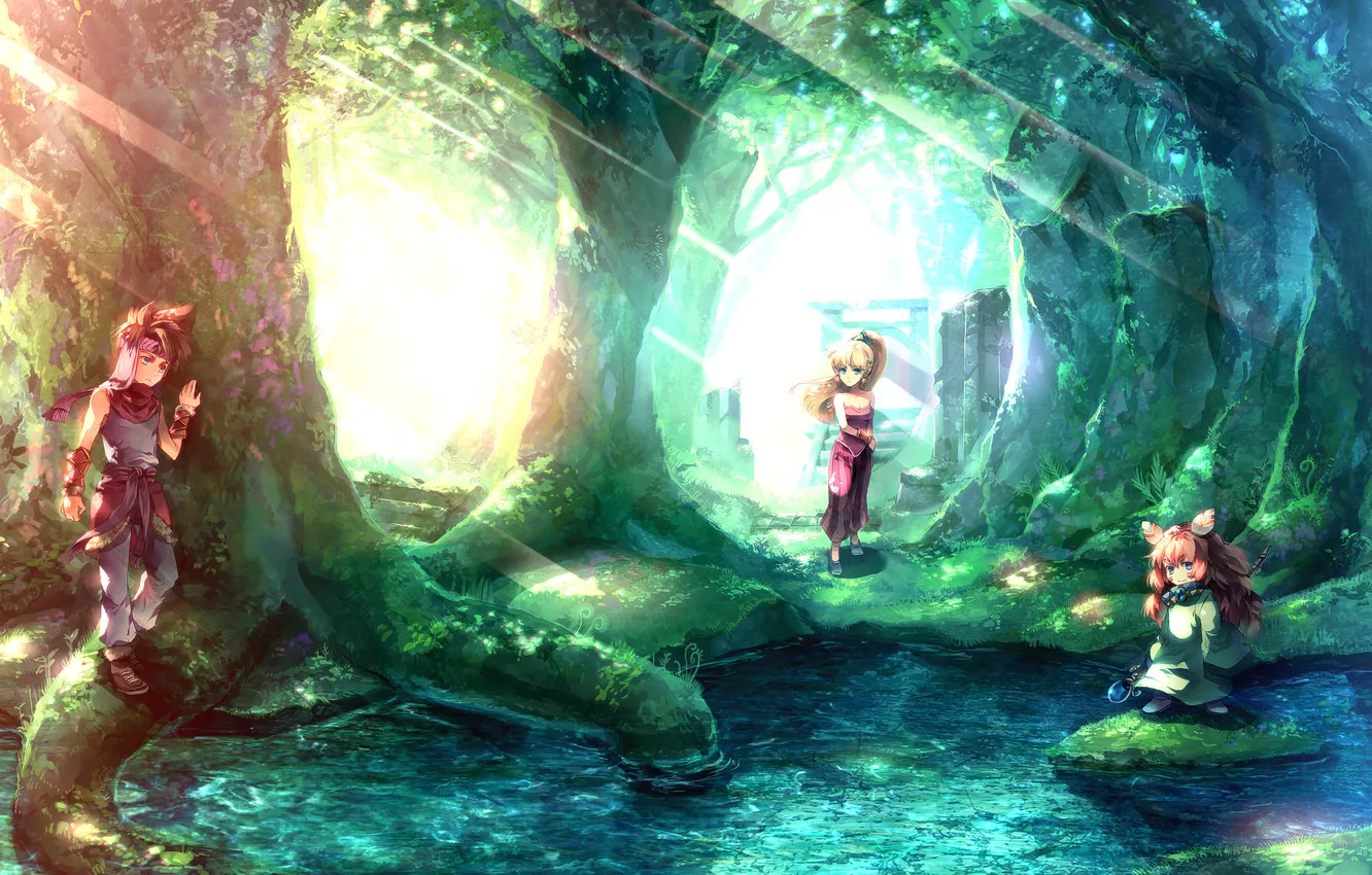 Photo wallpaper forest, water, girl, trees, staff, guy