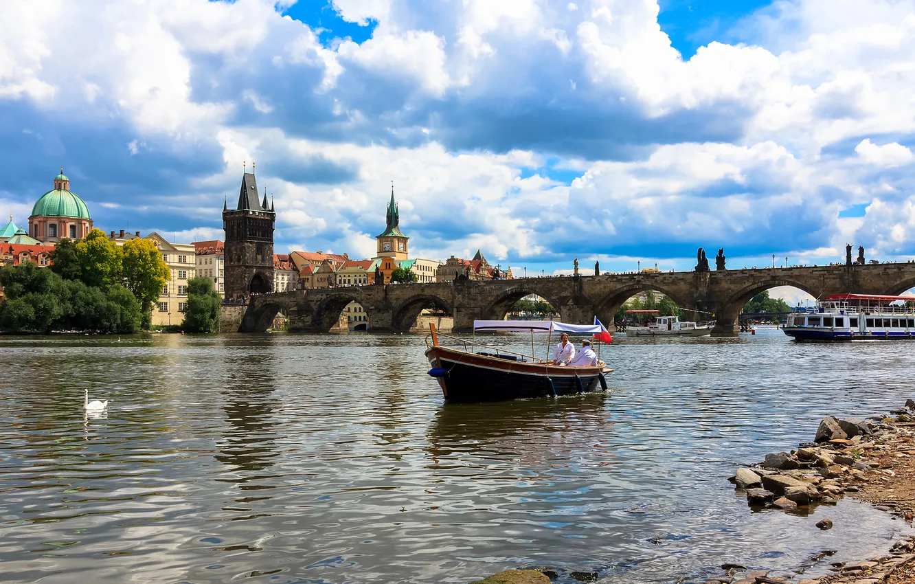 Photo wallpaper the sky, clouds, boat, ship, home, Prague, Czech Republic, swans