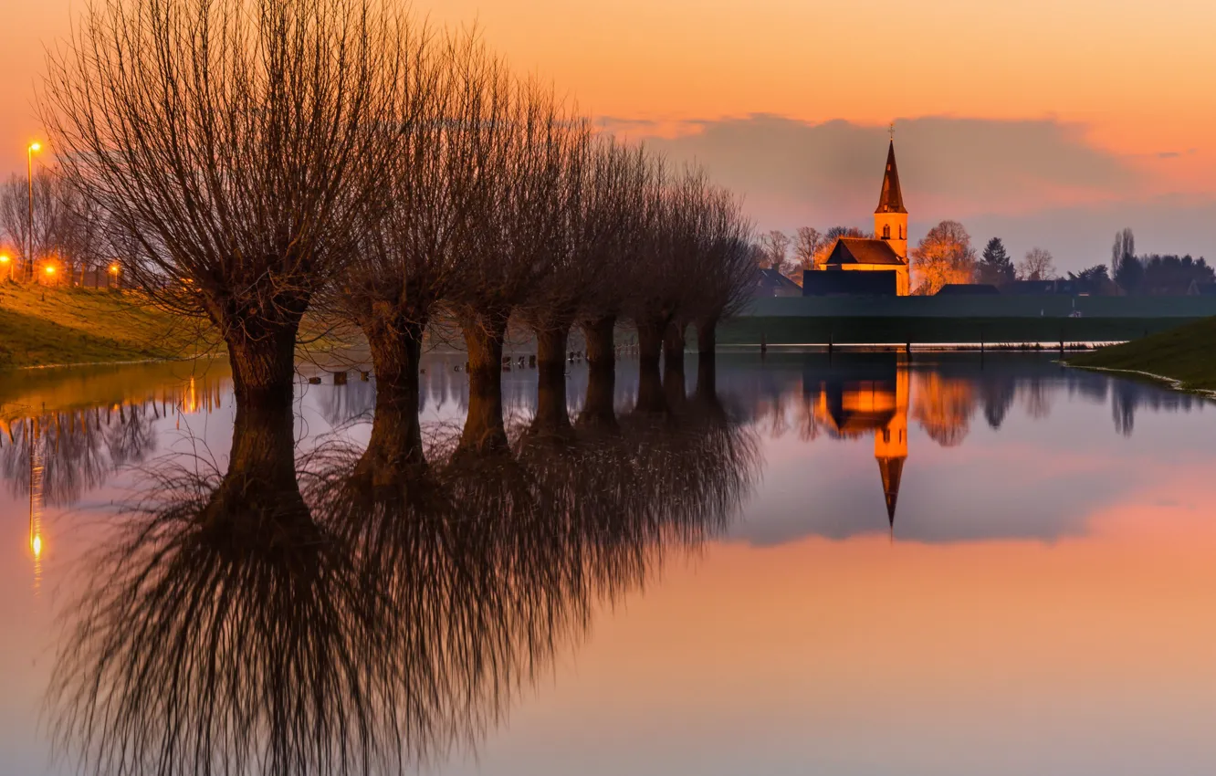 Photo wallpaper clouds, light, trees, sunset, branches, lights, lake, reflection