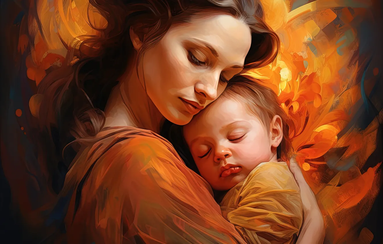 Photo wallpaper girl, love, children, two, mom, baby, digital art, AI art