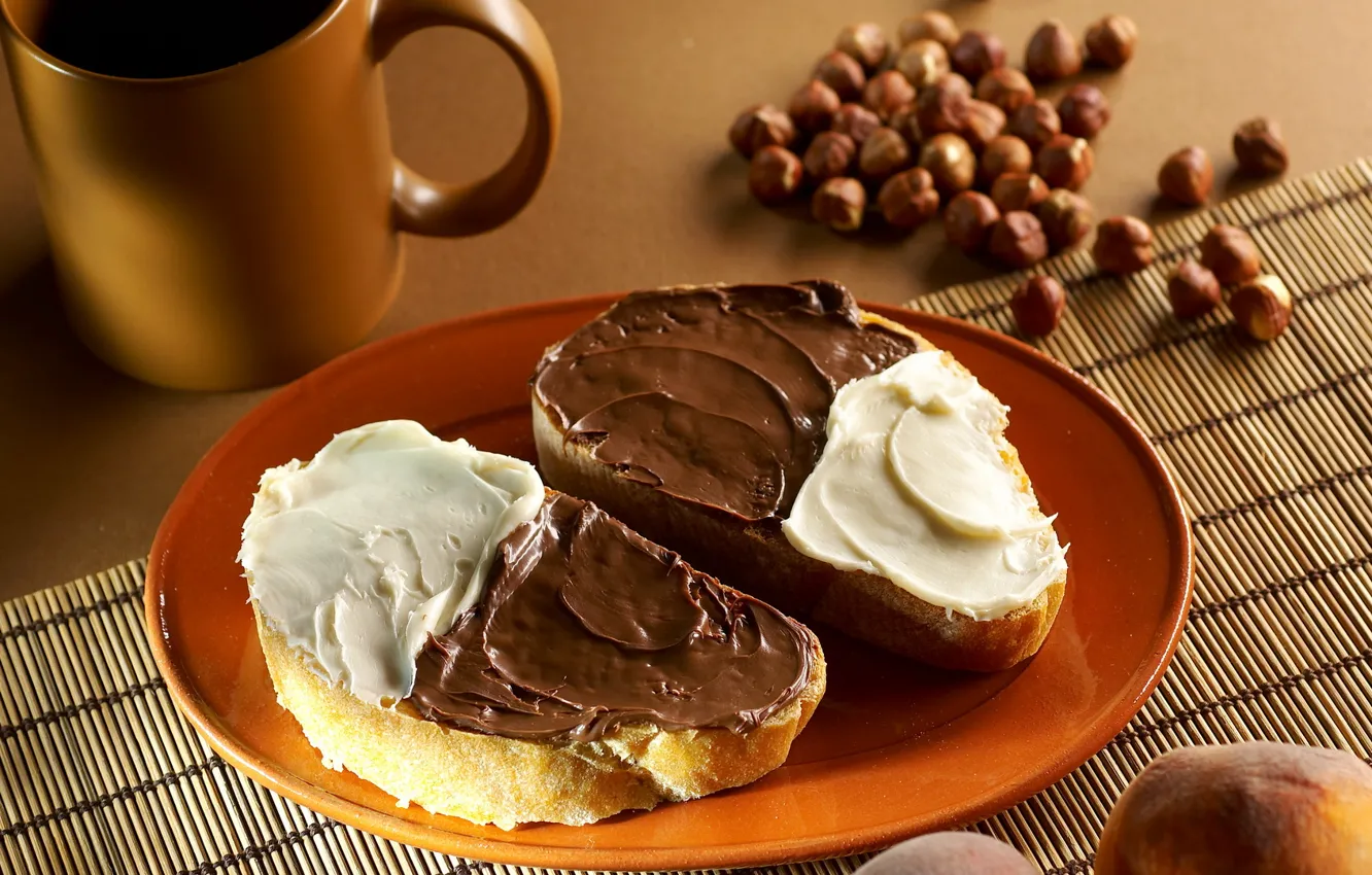 Photo wallpaper food, chocolate, plate, bread, Cup, plate, nuts, cream