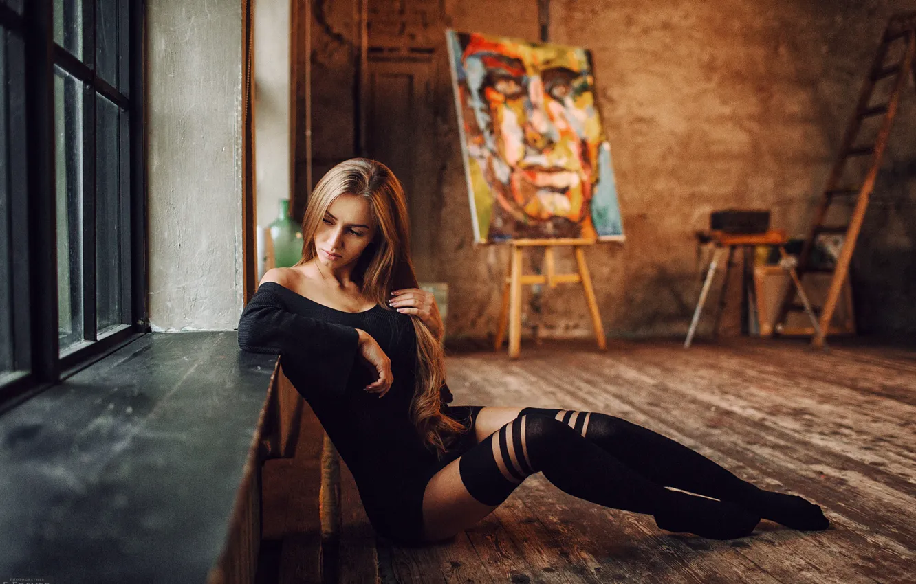 Photo wallpaper girl, pose, stockings, figure, window, legs, Valia, Evgeny Freyer