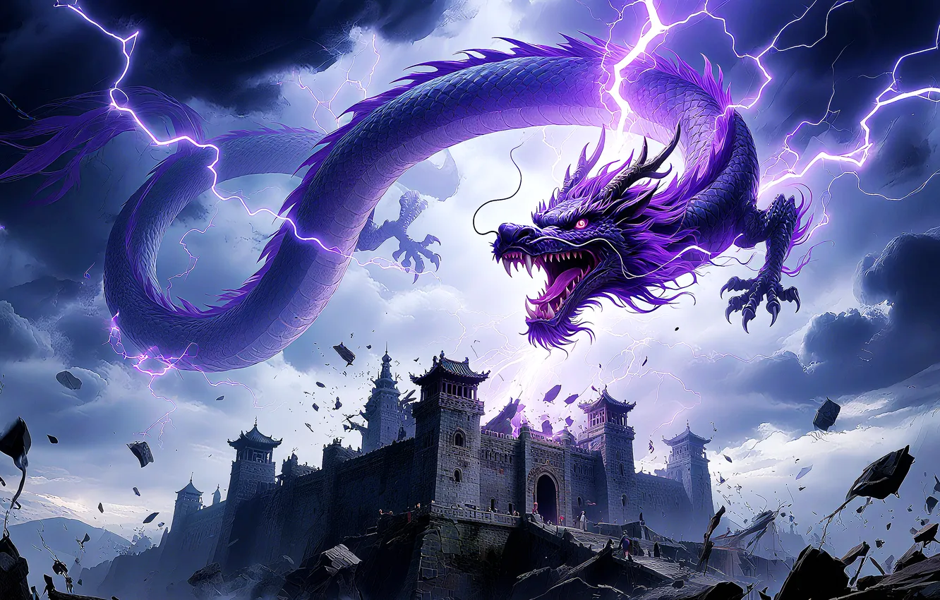 Photo wallpaper city, fantasy, Lightning, dragon, chinese