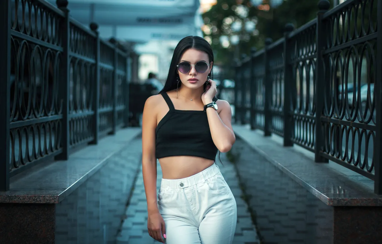 Photo wallpaper girl, pose, fence, glasses, Igor Gorbach