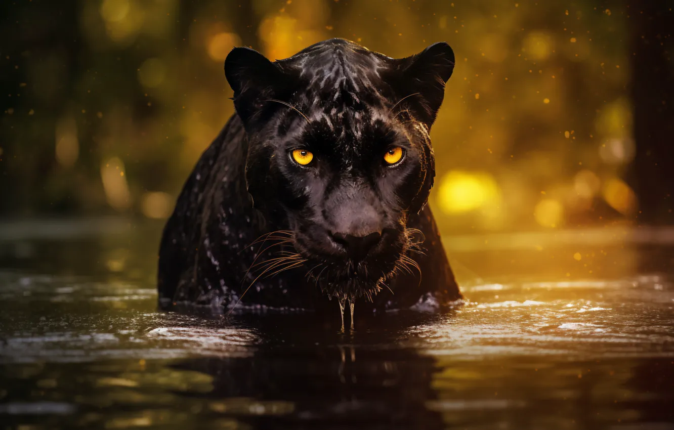 Photo wallpaper look, face, water, nature, pose, black, Panther, bathing