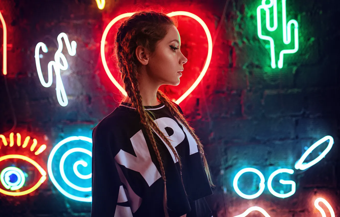 Photo wallpaper girl, face, pose, portrait, neon, braids, Kseniya Kokoreva, Yuri Lyamin