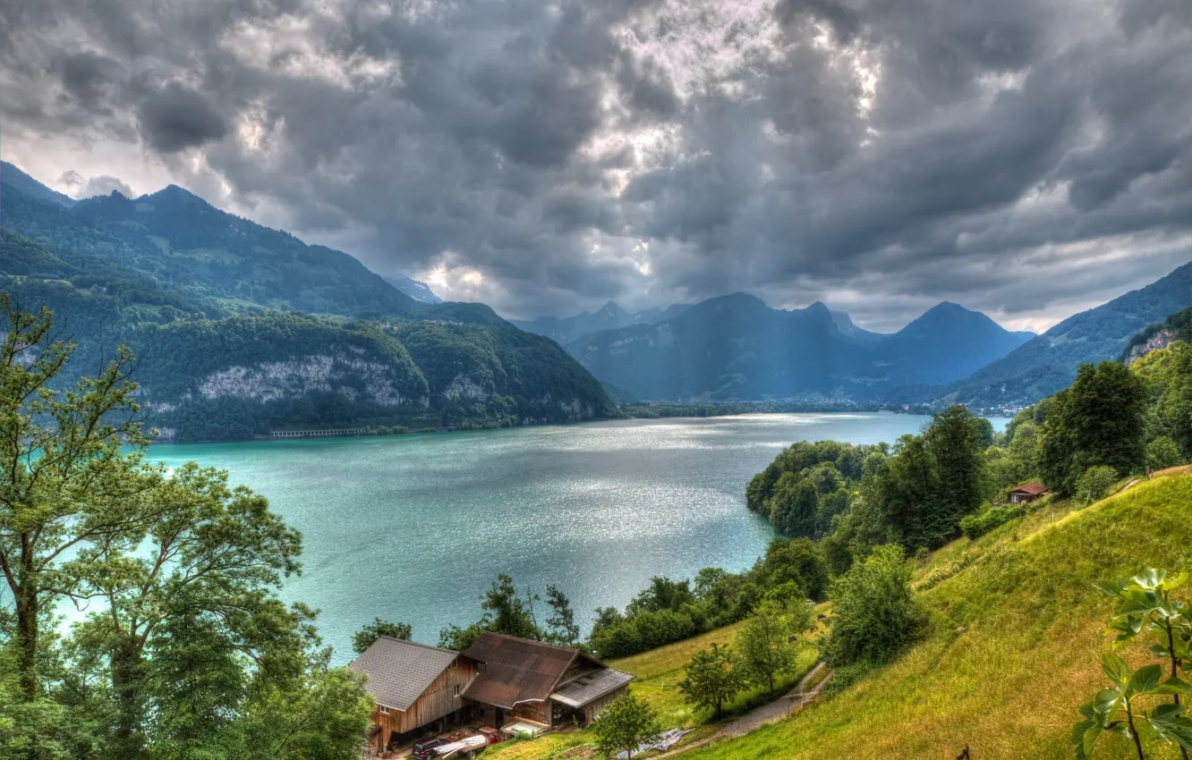 Photo wallpaper clouds, trees, mountains, lake, home, Switzerland, Alps, Switzerland