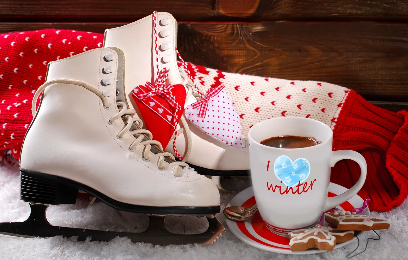 Photo wallpaper winter, snow, love, holiday, heart, coffee, cookies, Cup