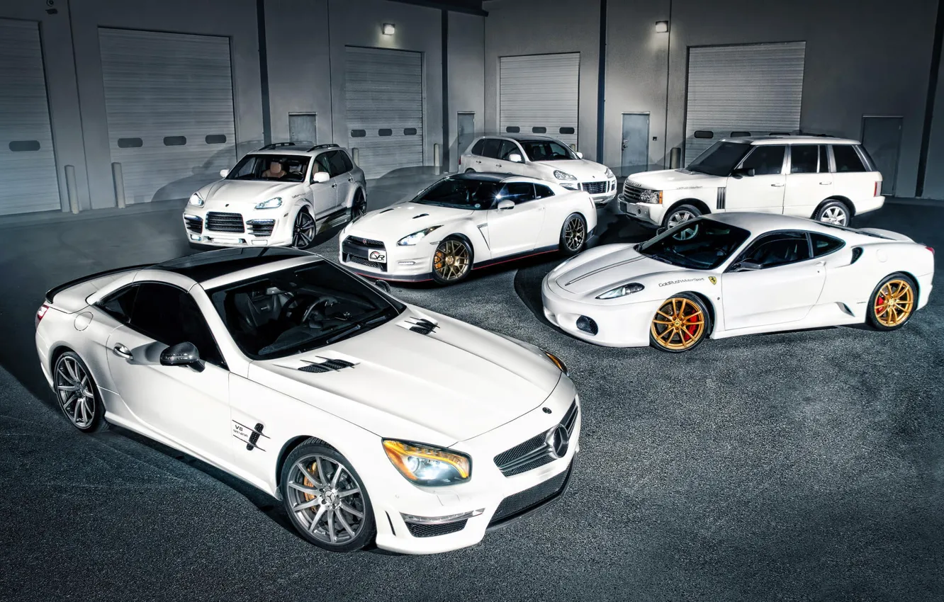 Photo wallpaper Mercedes-Benz, Porsche, F430, Ferrari, Nissan, white, GT-R, Land Rover