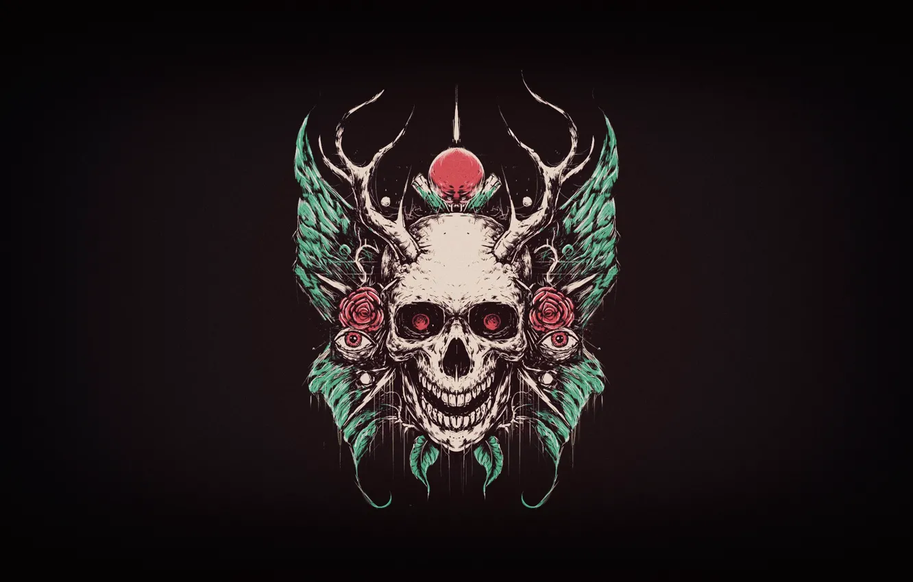 Photo wallpaper eyes, style, background, skull, roses, minimalism, horns, style