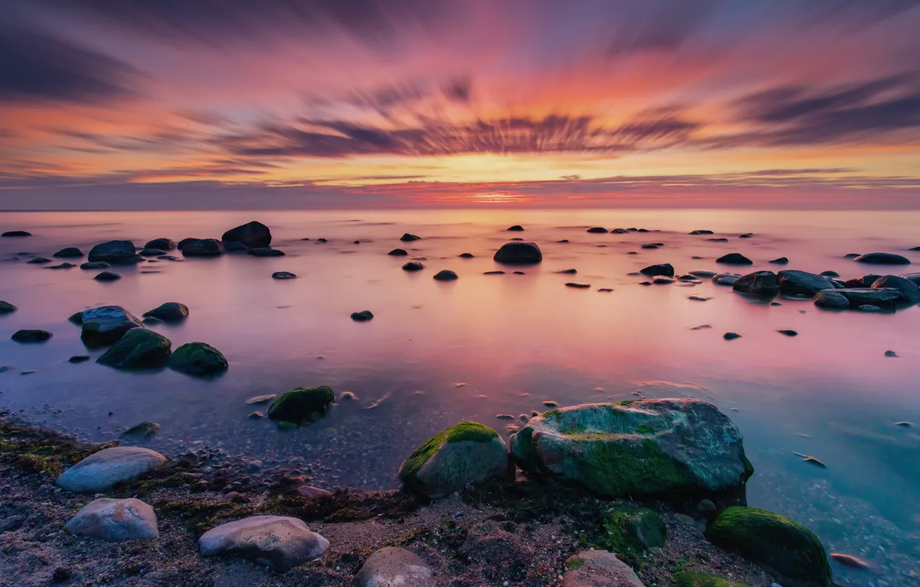Photo wallpaper colorful, shore, boulders, sea, the evening, clouds, the sky, horizon