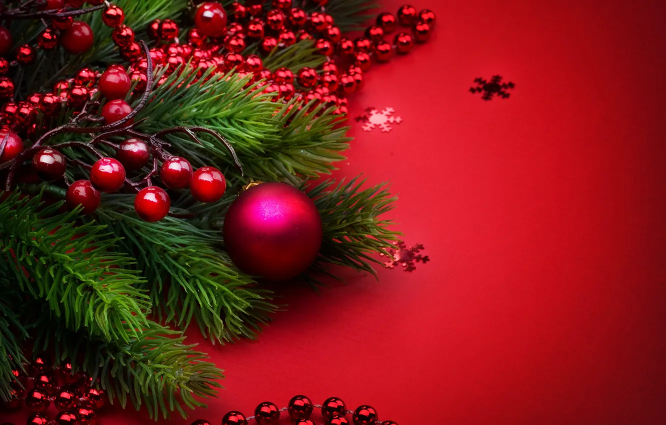 Photo wallpaper holiday, balls, new year, beads, decoration, fir-tree branches