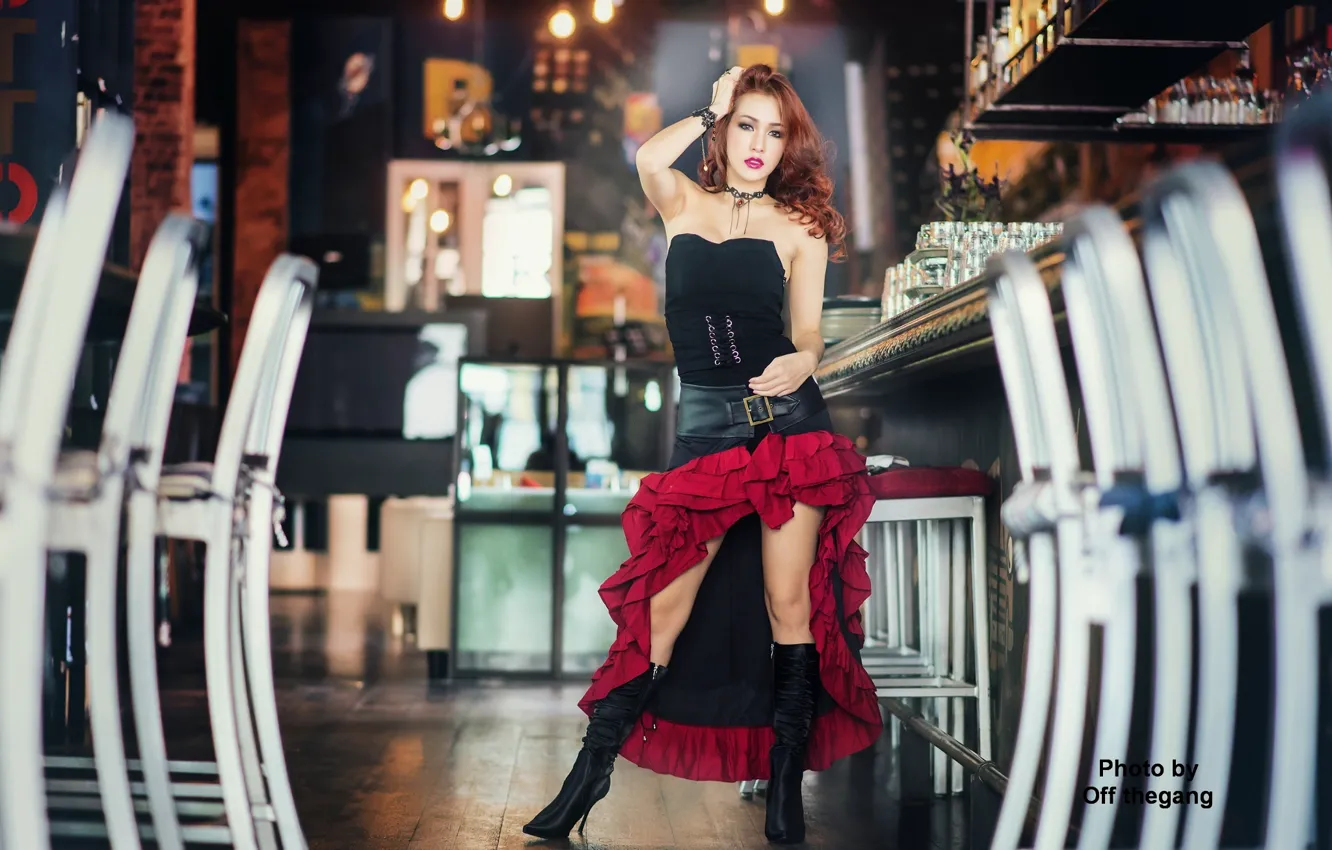 Photo wallpaper look, pose, bar, dress, chair, legs, boots, beauty