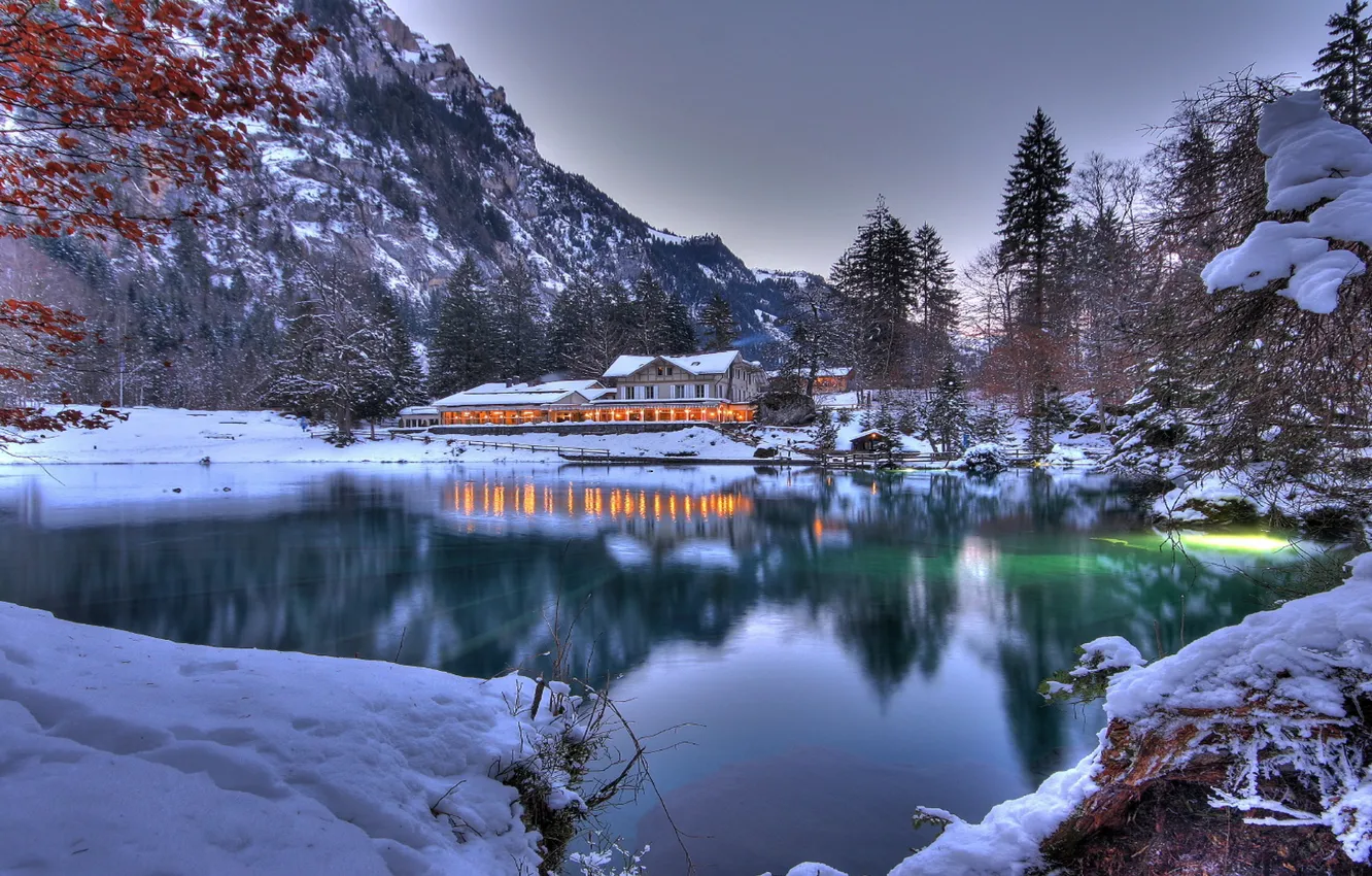 Photo wallpaper forest, snow, mountains, lake