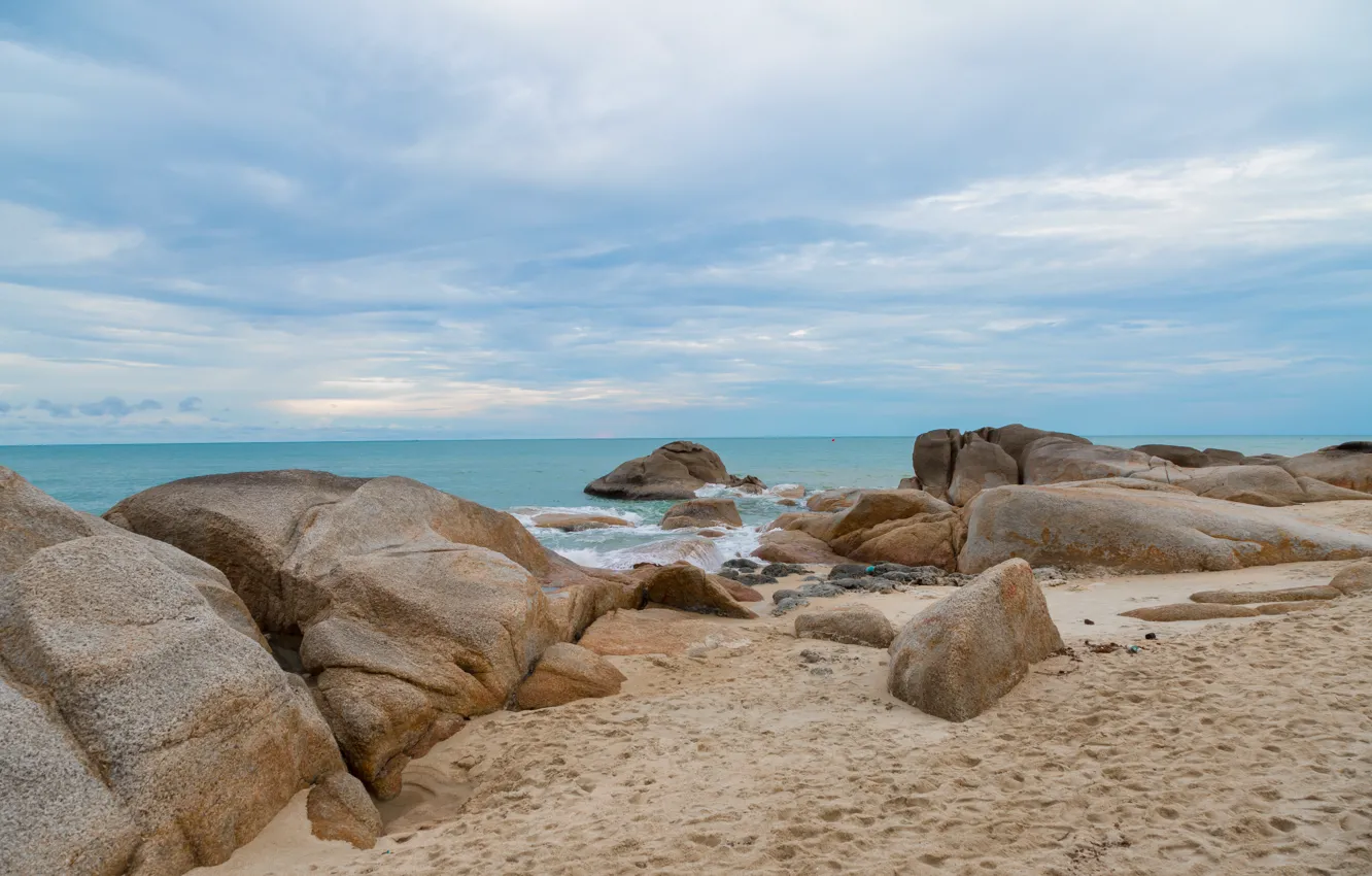 Photo wallpaper sand, sea, wave, beach, summer, the sky, stones, shore