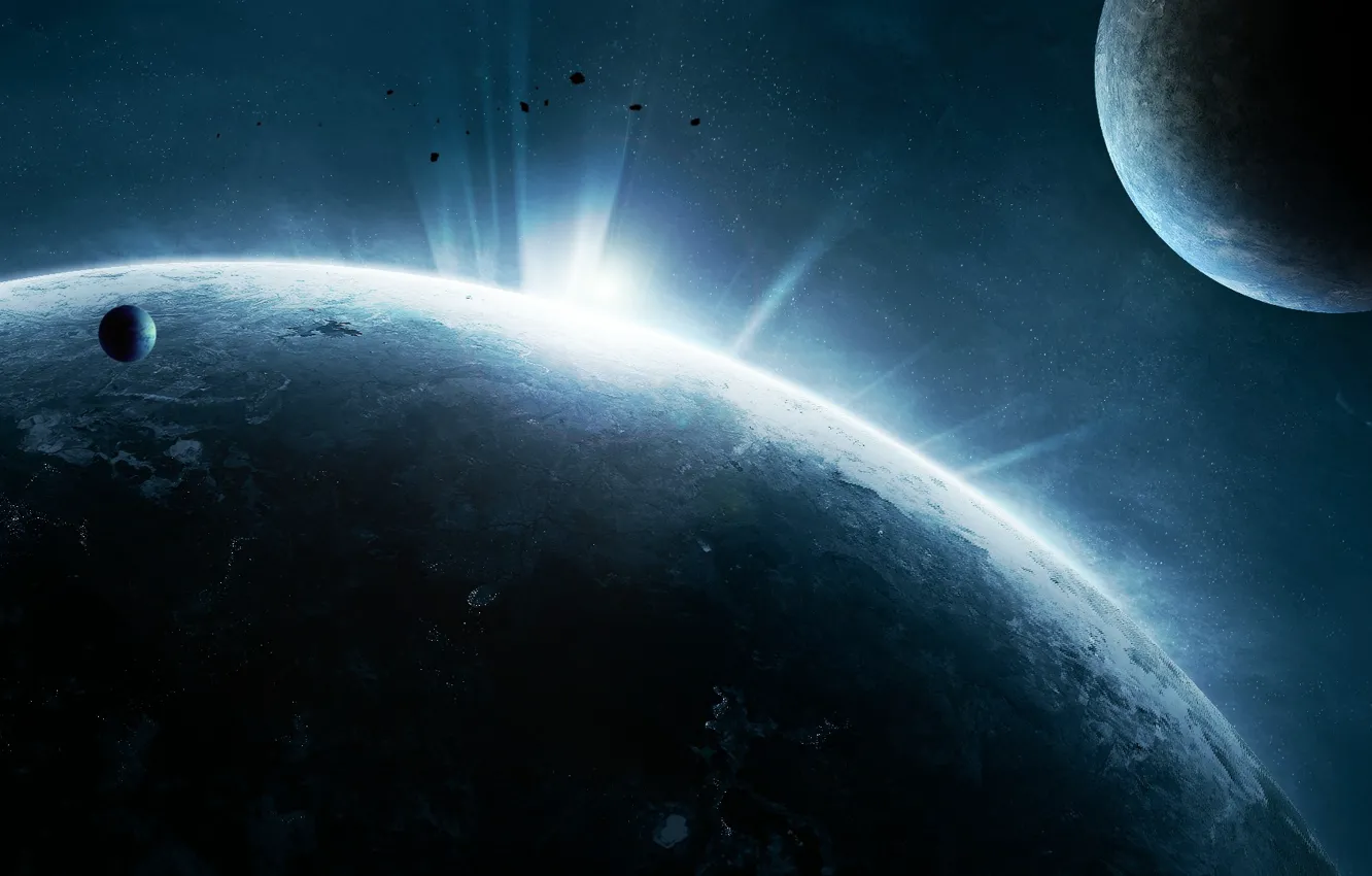 Photo wallpaper stars, surface, lights, planet, satellite, the atmosphere, asteroids, civilization