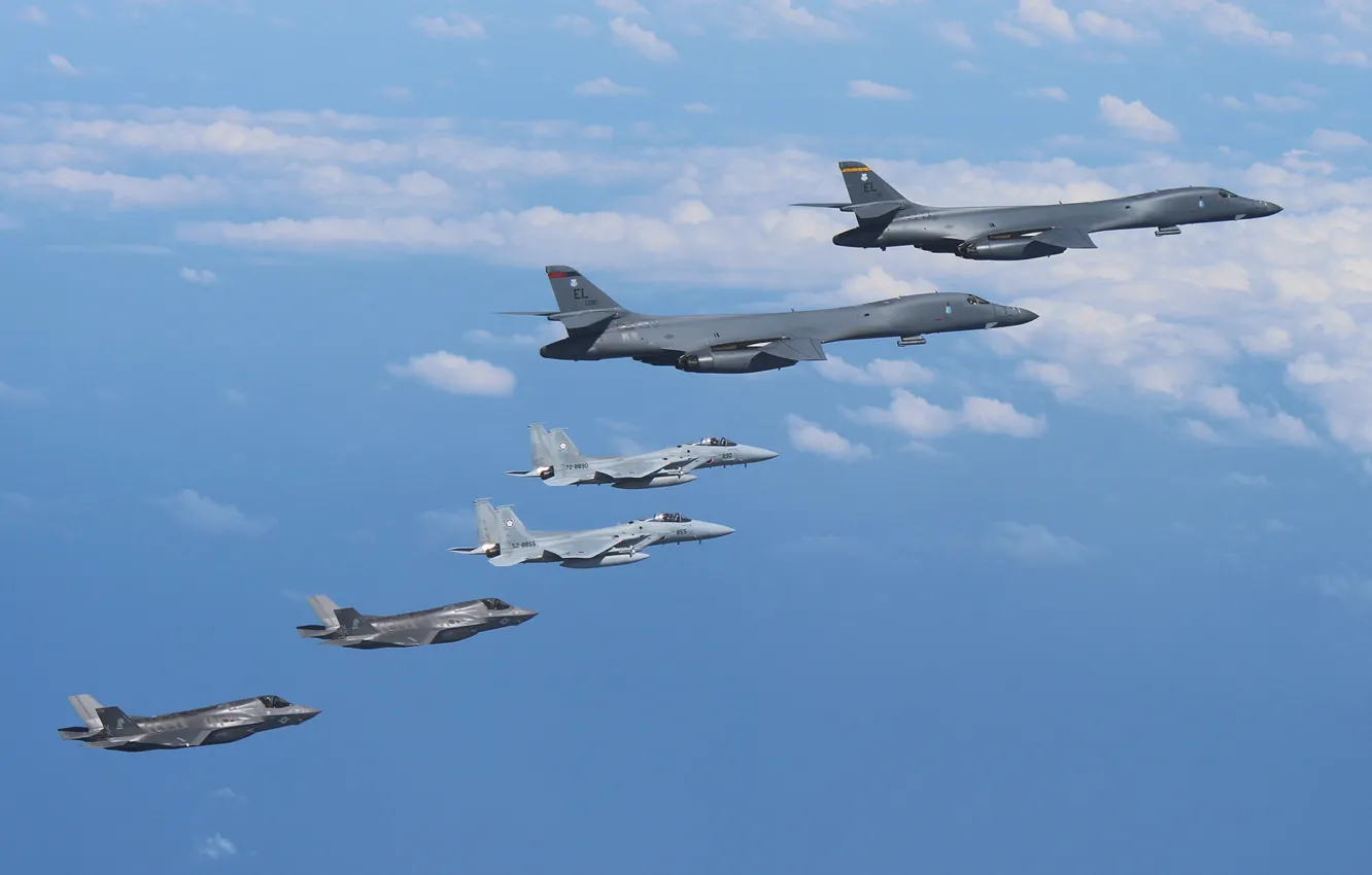 Photo wallpaper the sky, flight, F-35B, F-15s, Rockwell B-1B Lancers