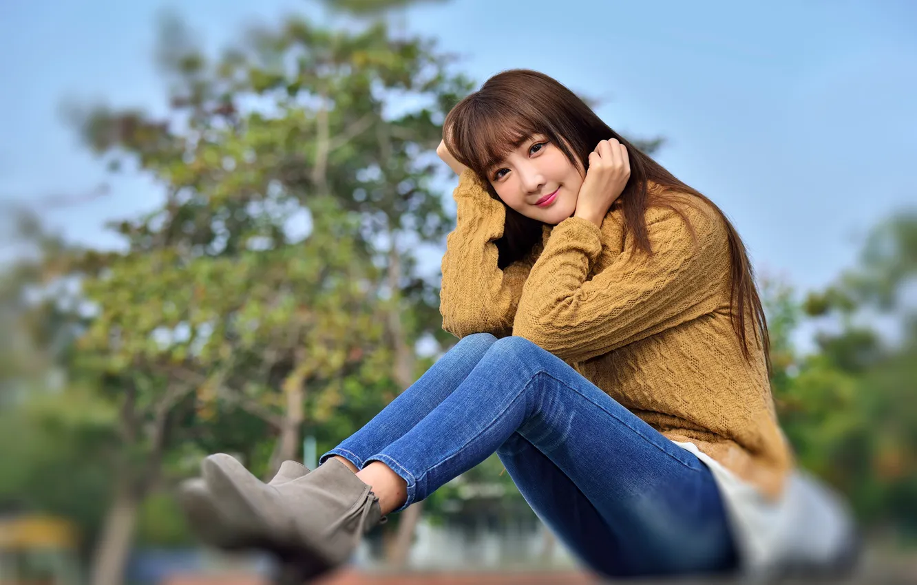 Photo wallpaper smile, feet, jeans, Asian, sitting, sweater