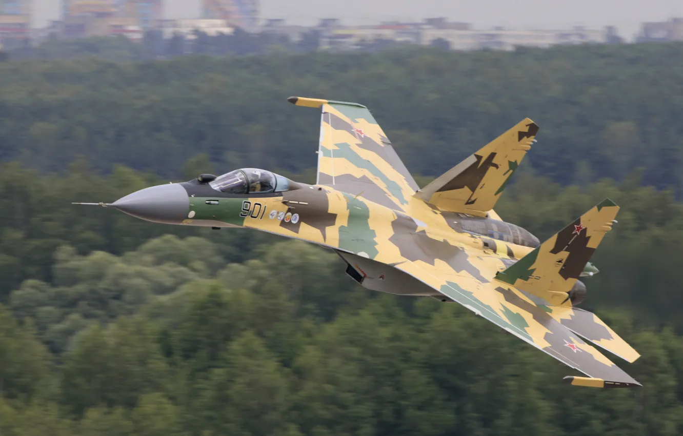 Photo wallpaper forest, flight, speed, Su-35