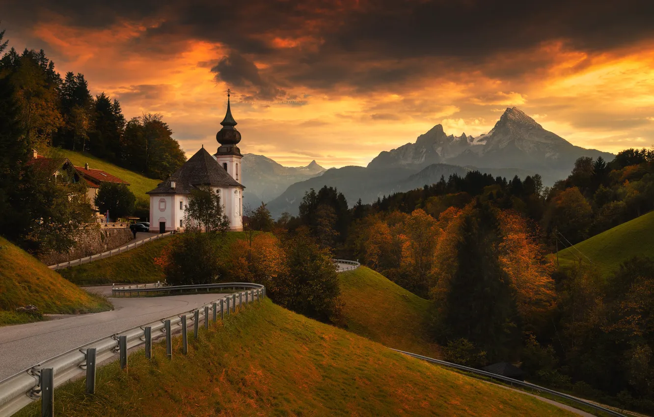 Photo wallpaper autumn, forest, mountains, clouds, slope, Church